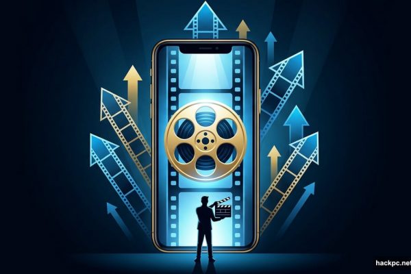 Indie filmmaker silhouette before giant vertical smartphone streaming film