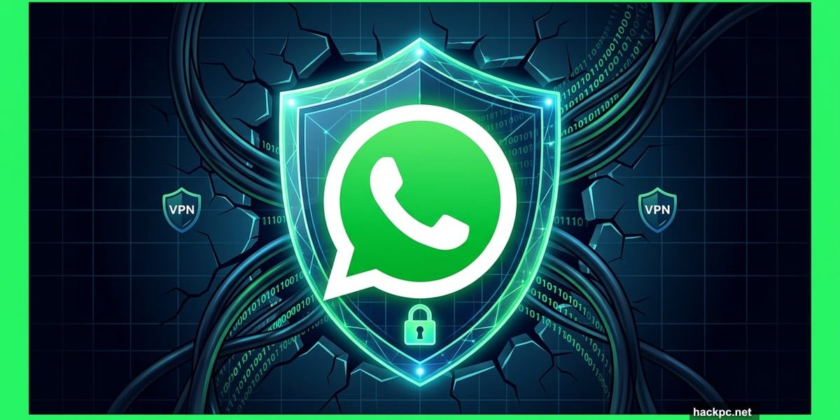 WhatsApp logo shielded by VPN encryption breaking through censorship wall