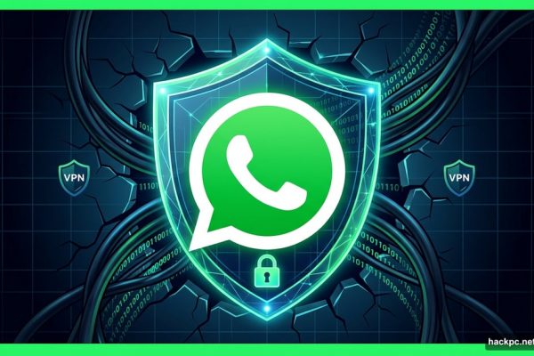 WhatsApp logo shielded by VPN encryption breaking through censorship wall