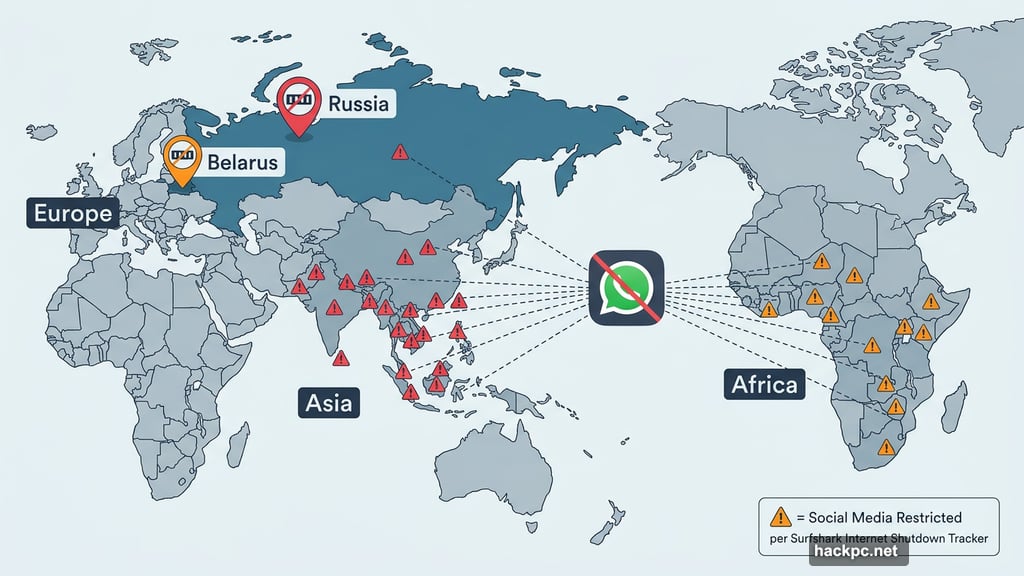 Surfshark Internet Shutdown Tracker shows 17 Asian and 8 African countries restricting social media