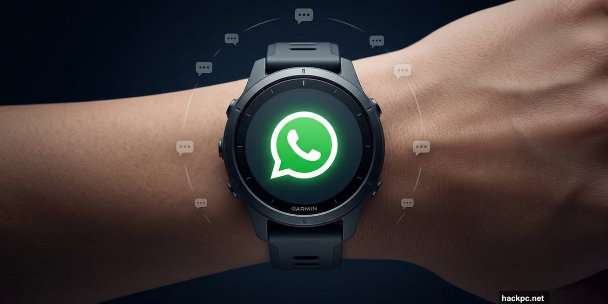 Garmin smartwatch displaying WhatsApp green logo on wrist