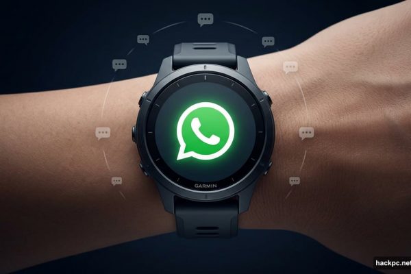 Garmin smartwatch displaying WhatsApp green logo on wrist