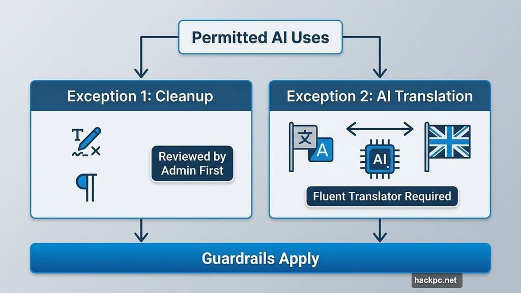Two narrow exceptions allow AI cleanup tasks and assisted translation