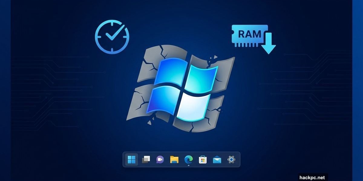 Windows logo upgrading with icons for updates, memory, and taskbar