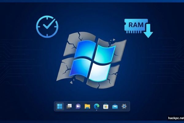 Windows logo upgrading with icons for updates, memory, and taskbar