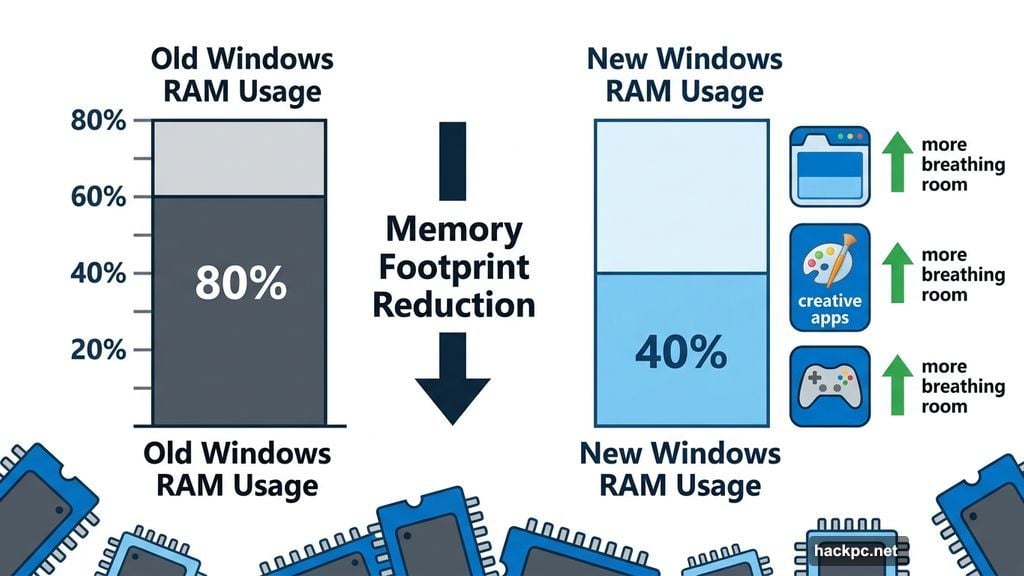 Windows reduces memory footprint freeing RAM for browsers and creative apps