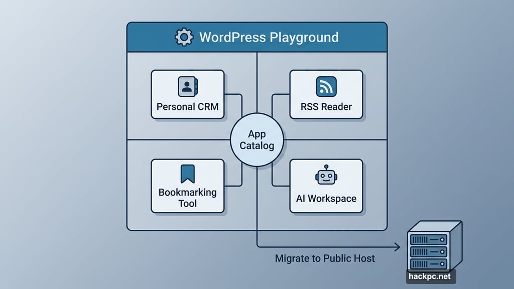 App Catalog inside WordPress Playground offers CRM, RSS Reader, AI Workspace