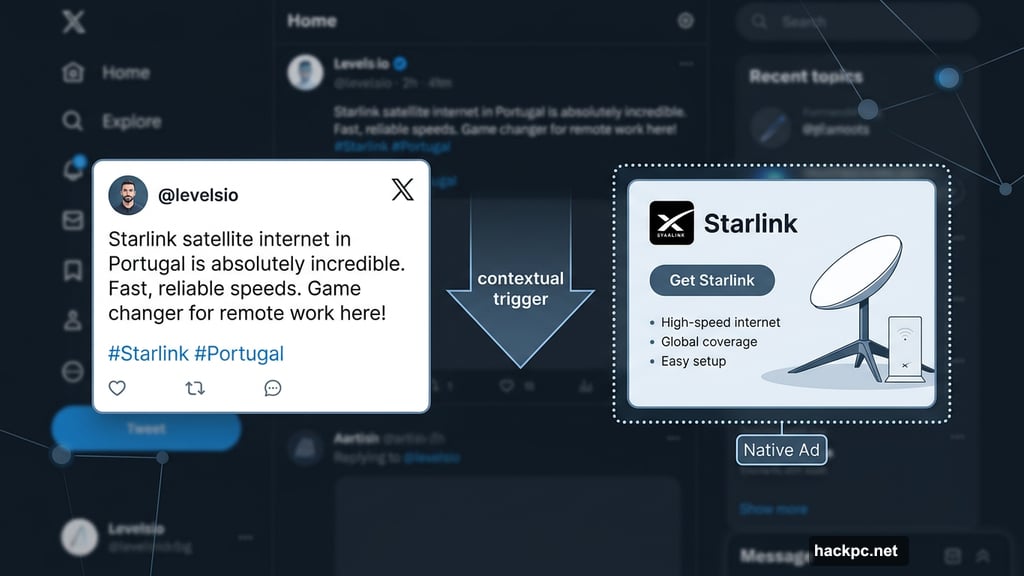 Starlink ad slot placed directly beneath a matching user post on X