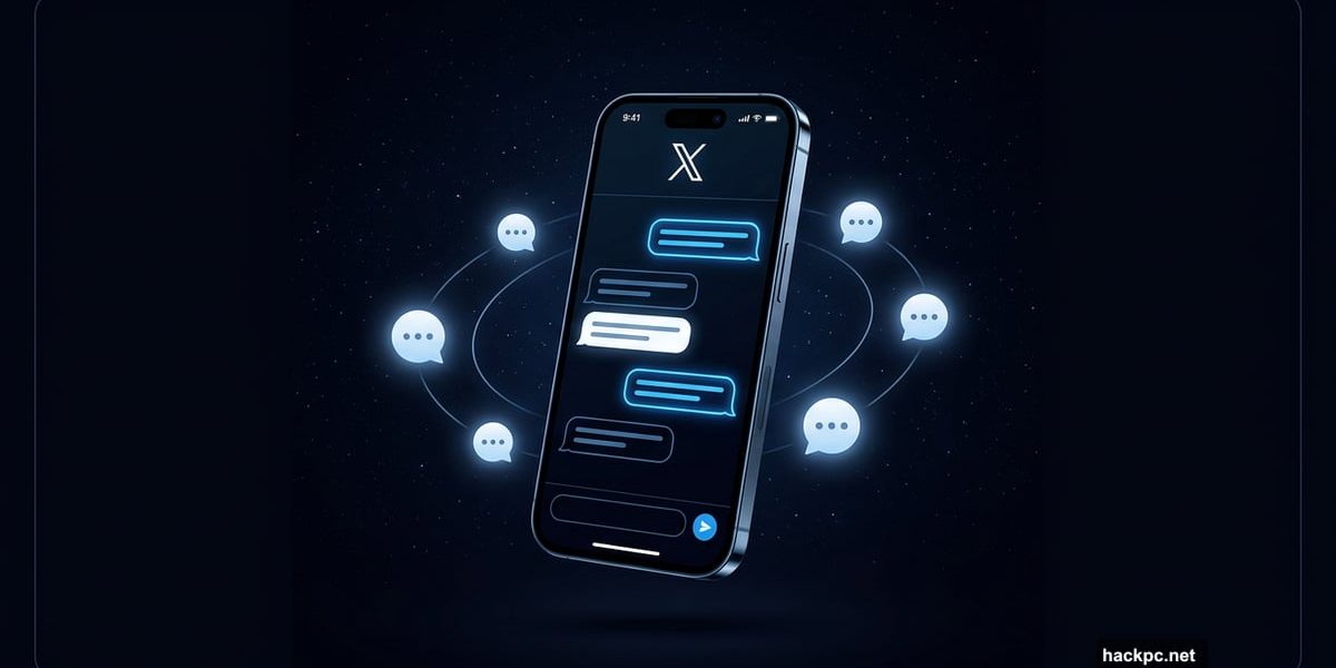 Smartphone showing X Chat standalone app with glowing message bubbles