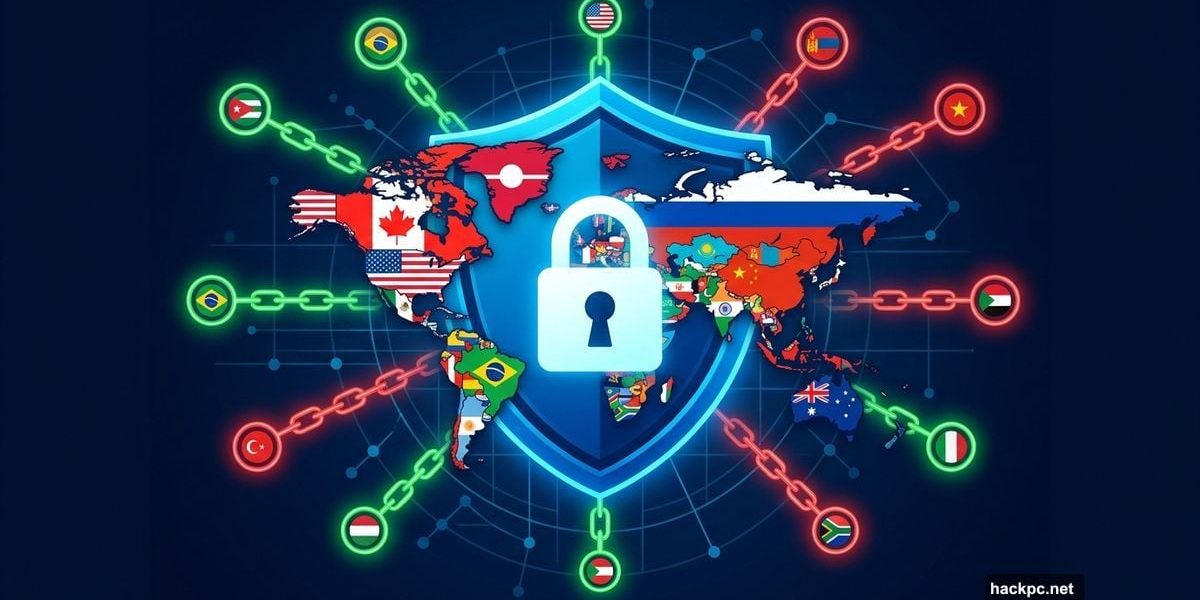 VPN shield overlaid on world map with country jurisdiction indicators