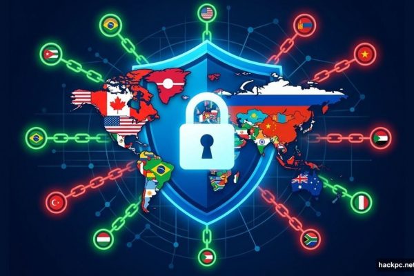 VPN shield overlaid on world map with country jurisdiction indicators