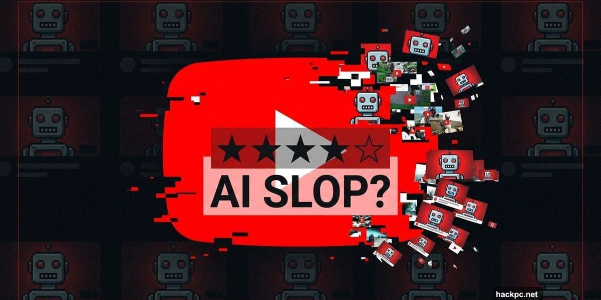 YouTube play button glitching into AI-generated slop with rating scale