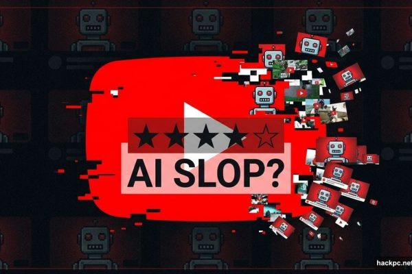 YouTube play button glitching into AI-generated slop with rating scale