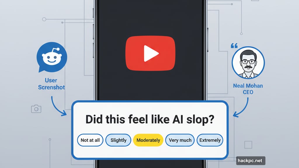 YouTube rating prompt asks users did this feel like AI slop
