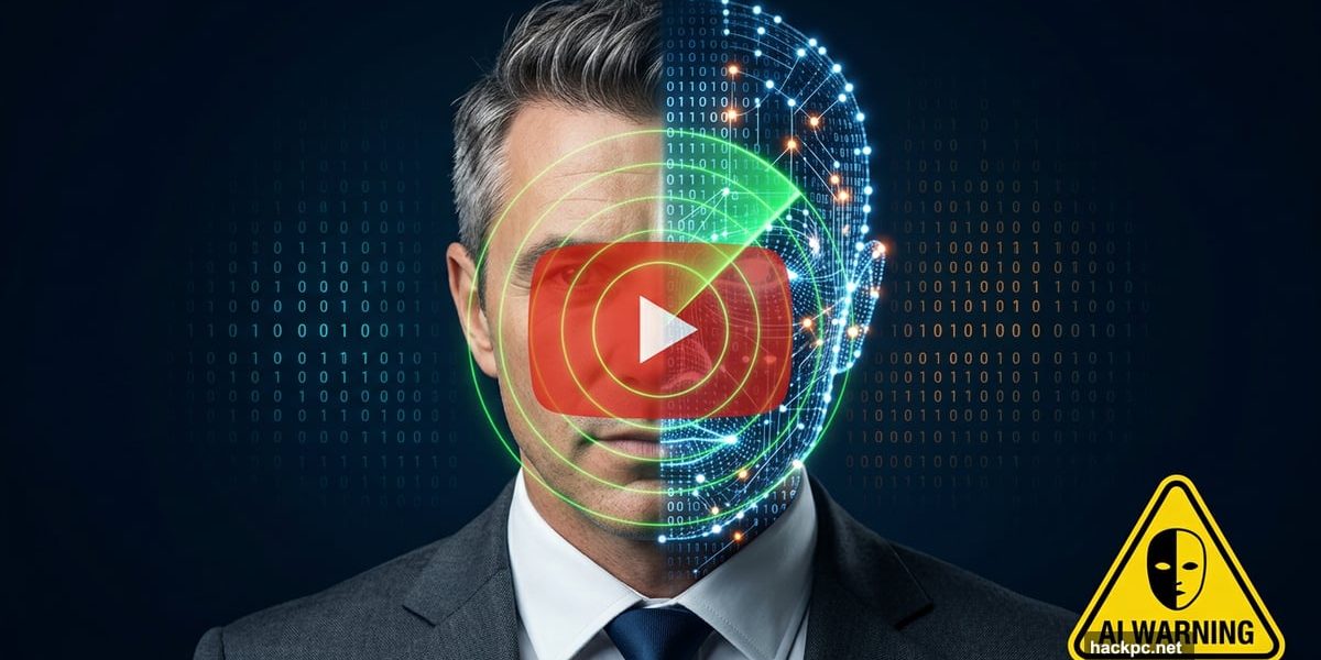 Split face showing real person versus AI deepfake with YouTube radar detection