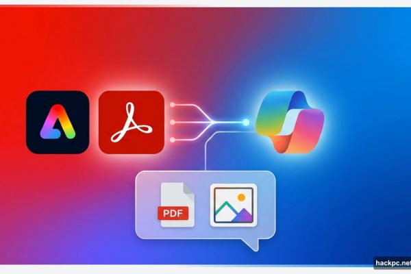 Adobe Express and Acrobat logos merging into Microsoft 365 Copilot interface