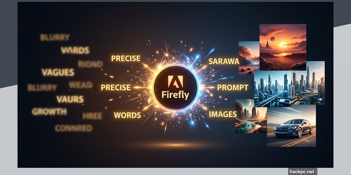 Adobe Firefly logo transforming precise text prompts into perfect AI images