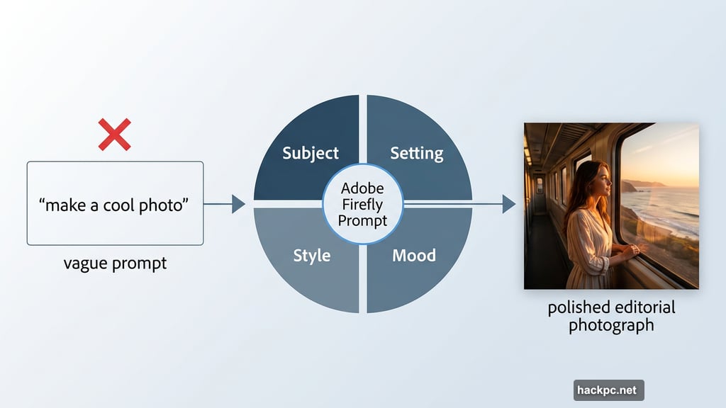 Adobe Firefly prompt structure with subject setting style and mood