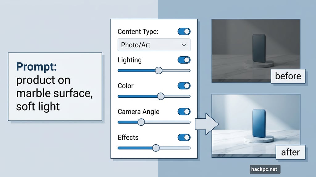 Adobe Firefly built-in controls adjust lighting color and camera angle