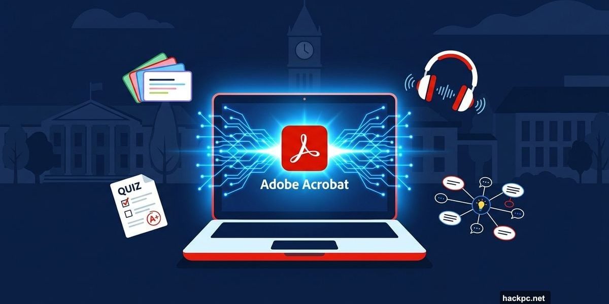Adobe Acrobat laptop glowing with AI-powered student study tools