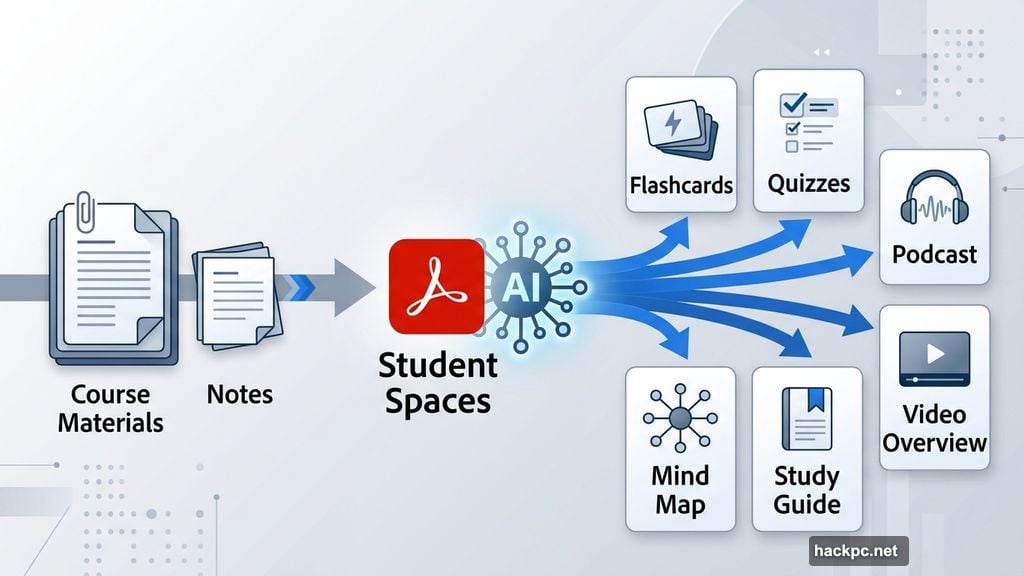 Adobe Student Spaces AI generates flashcards quizzes and podcasts from uploaded course materials