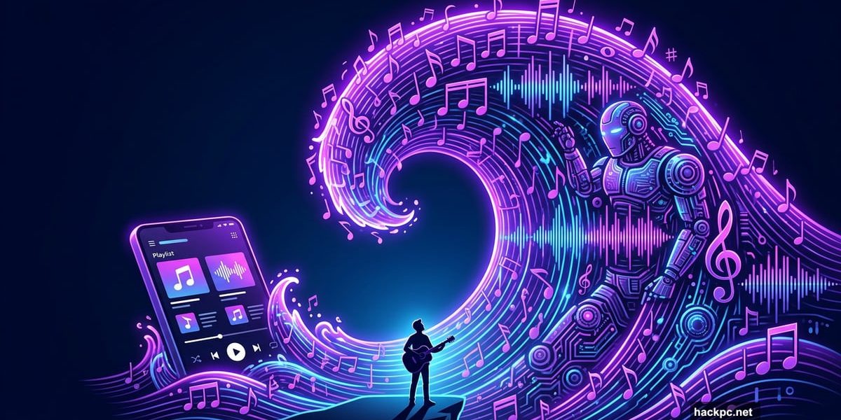 Massive AI-generated music wave flooding a streaming platform, dwarfing human musician