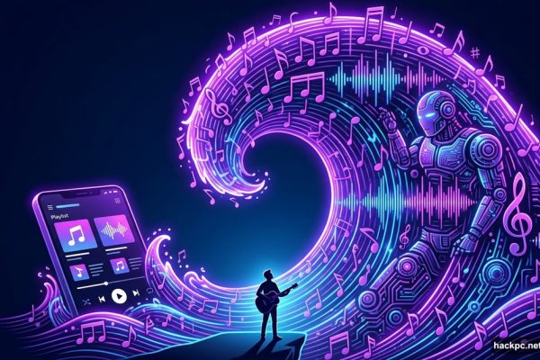 Massive AI-generated music wave flooding a streaming platform, dwarfing human musician