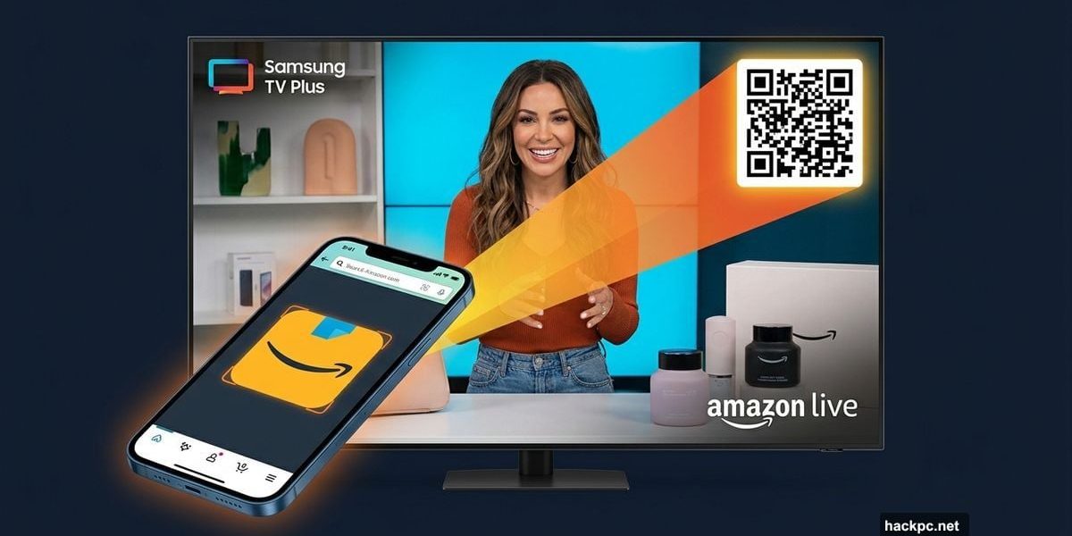 Samsung TV showing Amazon Live channel with phone scanning shopping QR code