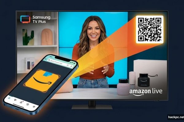 Samsung TV showing Amazon Live channel with phone scanning shopping QR code