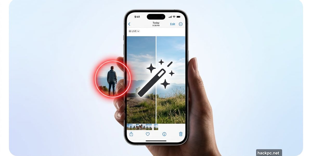 iPhone showing Apple Clean Up tool erasing photo bomber instantly