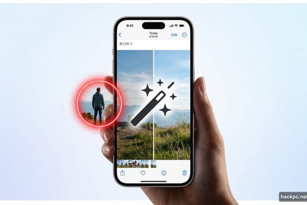 iPhone showing Apple Clean Up tool erasing photo bomber instantly