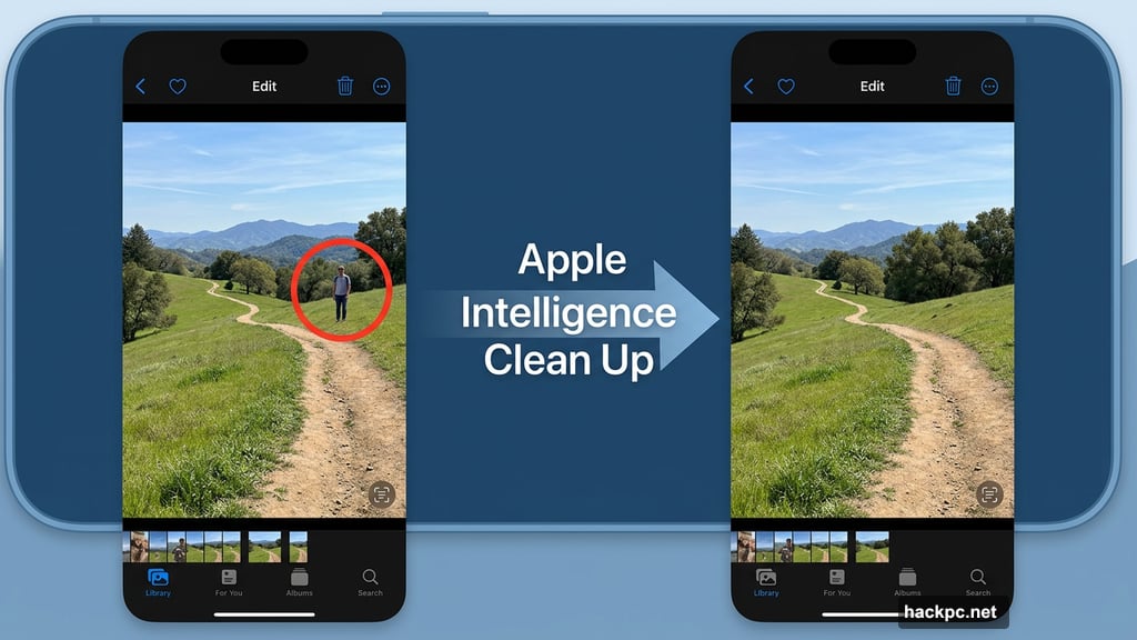 Apple Clean Up tool removes photo bomber from scenic background instantly