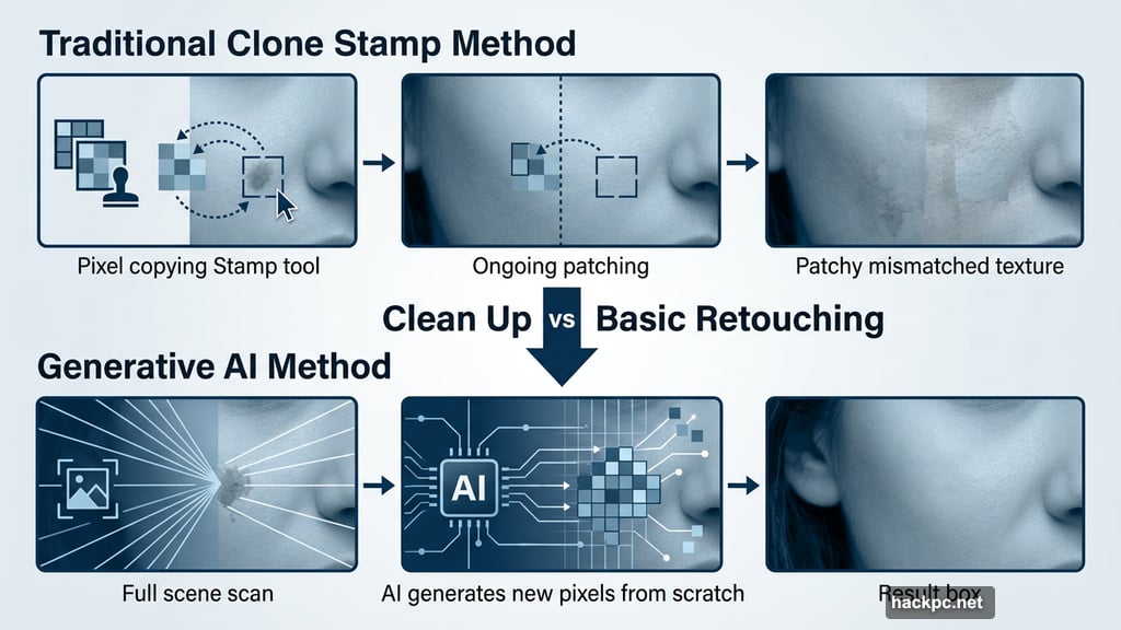 Generative AI creates new pixels instead of copying nearby clone stamp