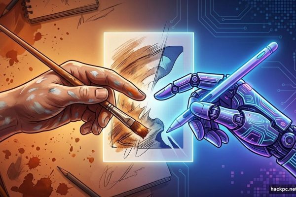 Human artist hand and AI robotic hand reaching toward each other over canvas