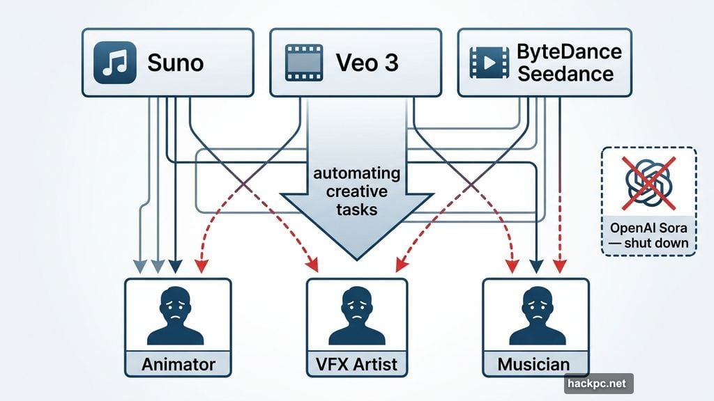 AI video and music generators like Veo 3 and Suno threaten animators and musicians