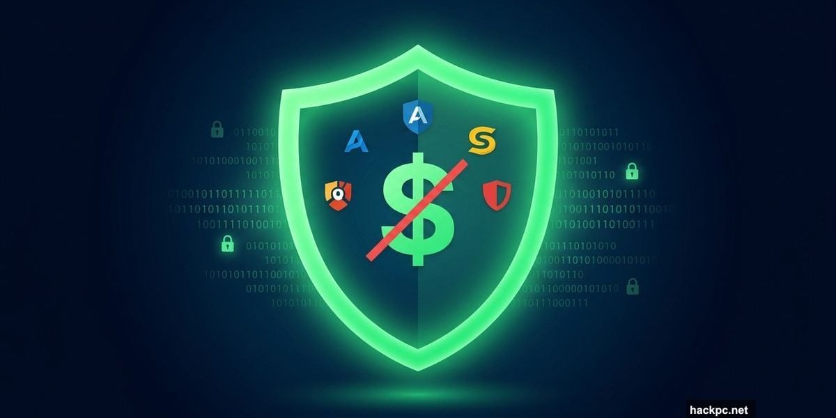 Glowing green security shield with free symbol representing antivirus protection