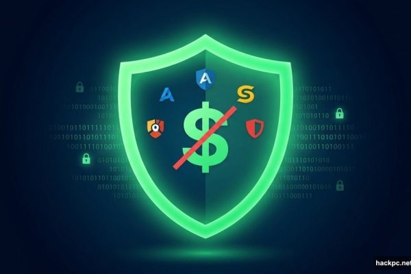 Glowing green security shield with free symbol representing antivirus protection