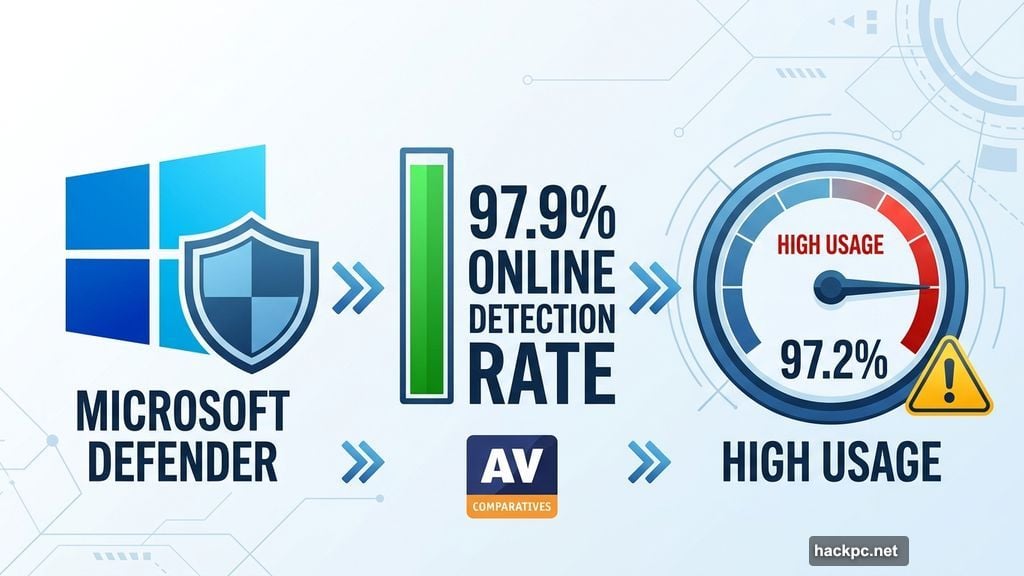 Microsoft Defender earned 97.9% detection rate but heavy CPU usage