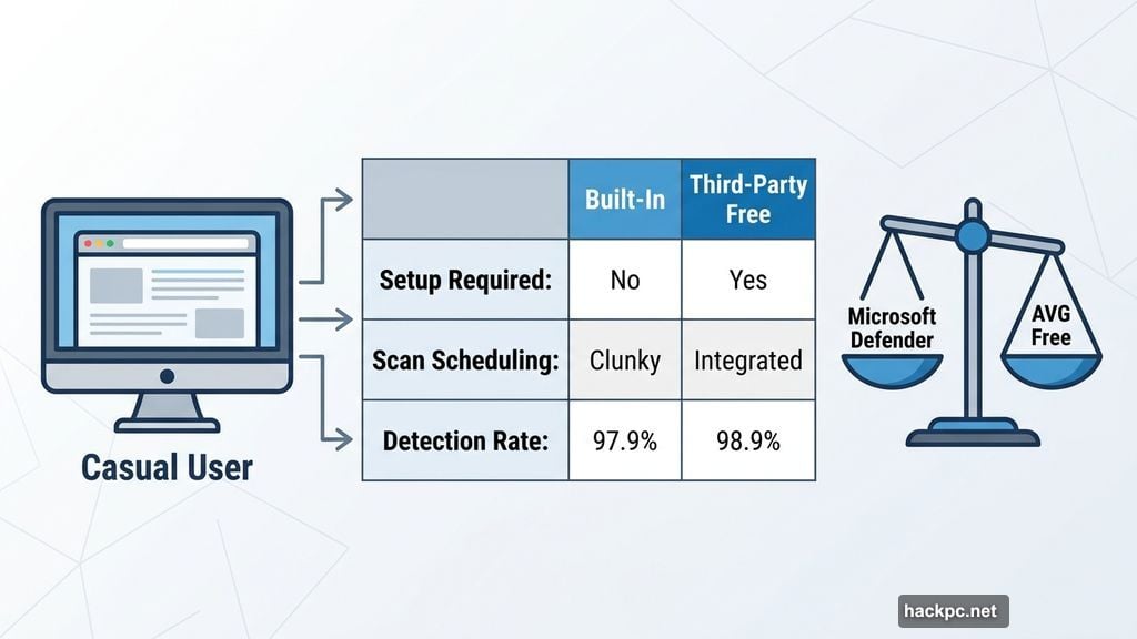 Built-in versus third-party free antivirus protection comparison for users