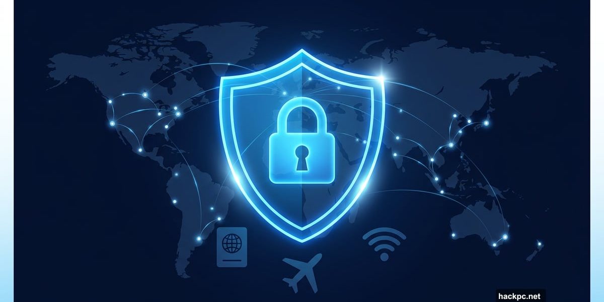 Glowing security shield with padlock over world map travel icons