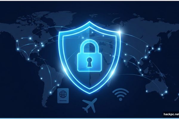 Glowing security shield with padlock over world map travel icons