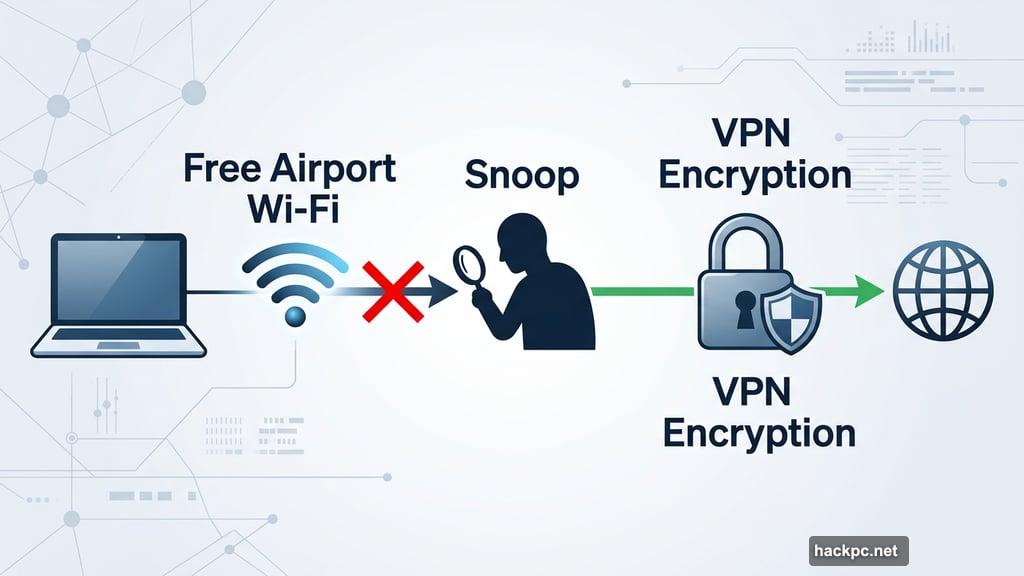 VPN encrypts traffic on public Wi-Fi protecting against nearby snoopers