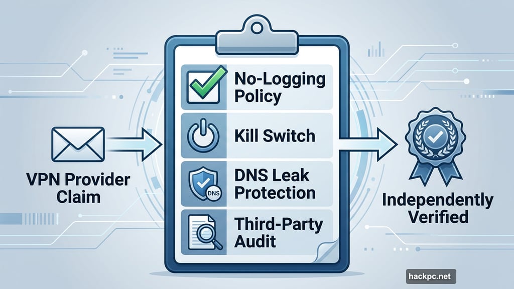 VPN privacy checklist no-logging kill switch DNS leak third-party audit