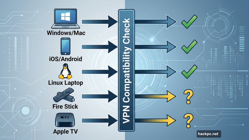 VPN device compatibility across Windows Mac iOS Android Linux Fire Stick Apple TV