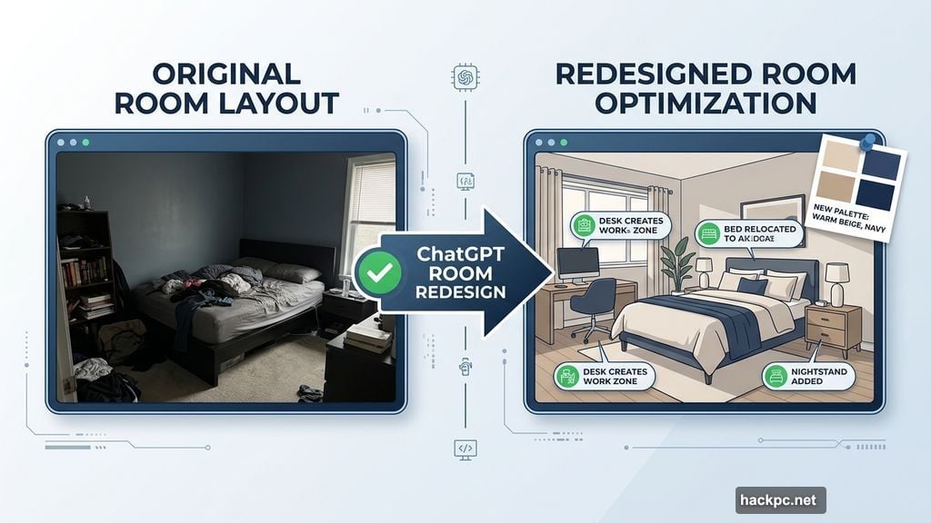 Before-and-after bedroom redesign with furniture placement and color palette