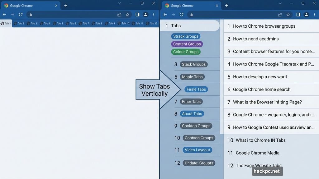 Chrome vertical tabs on left side panel with full tab titles visible