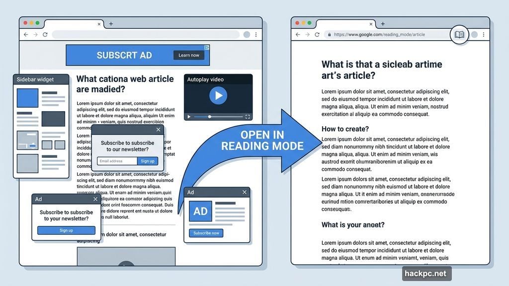 Chrome reading mode strips away ads sidebars and autoplay videos