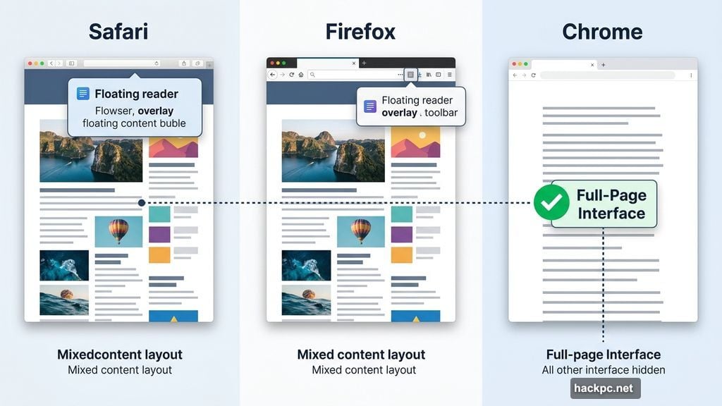 Chrome full-page reading interface compared to Safari and Firefox reader modes