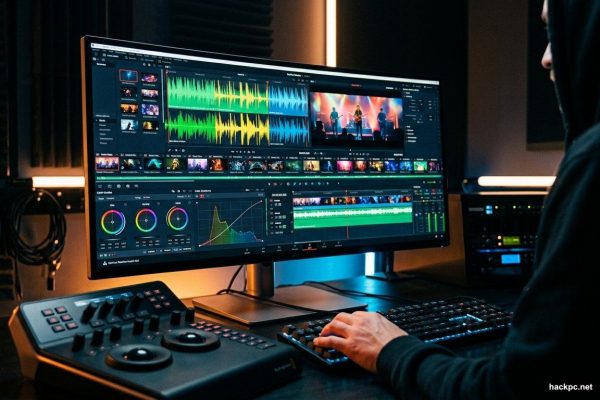 Video editor working on music video timeline with vibrant color grading