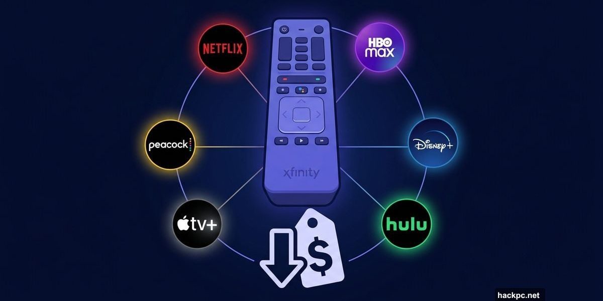 Xfinity remote surrounded by six major streaming service logos showing bundle savings
